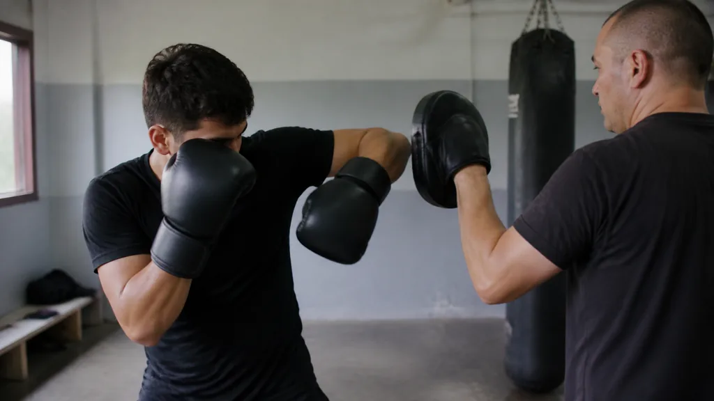 Anonymous orthodox boxer practising a compact lead hook on a focus mitt with rear glove held close to the cheek