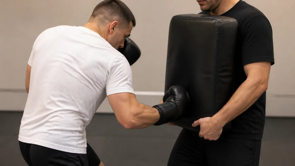 Anonymous adult boxer practising a short rear uppercut into a body shield during a slow coached drill