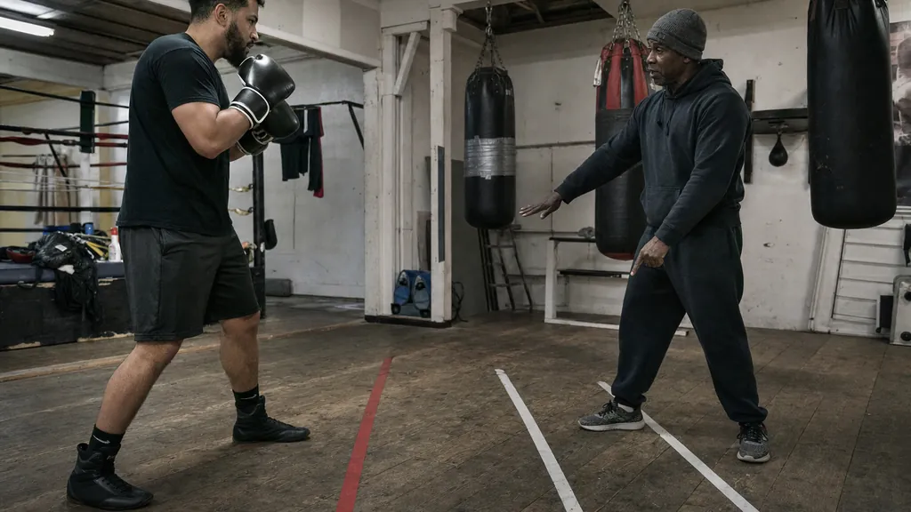 Coach and adult boxer using floor marks to check boxing range in a community gym