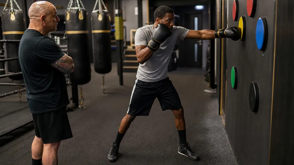 Adult boxer working a wall-target reaction drill while a coach points to the target