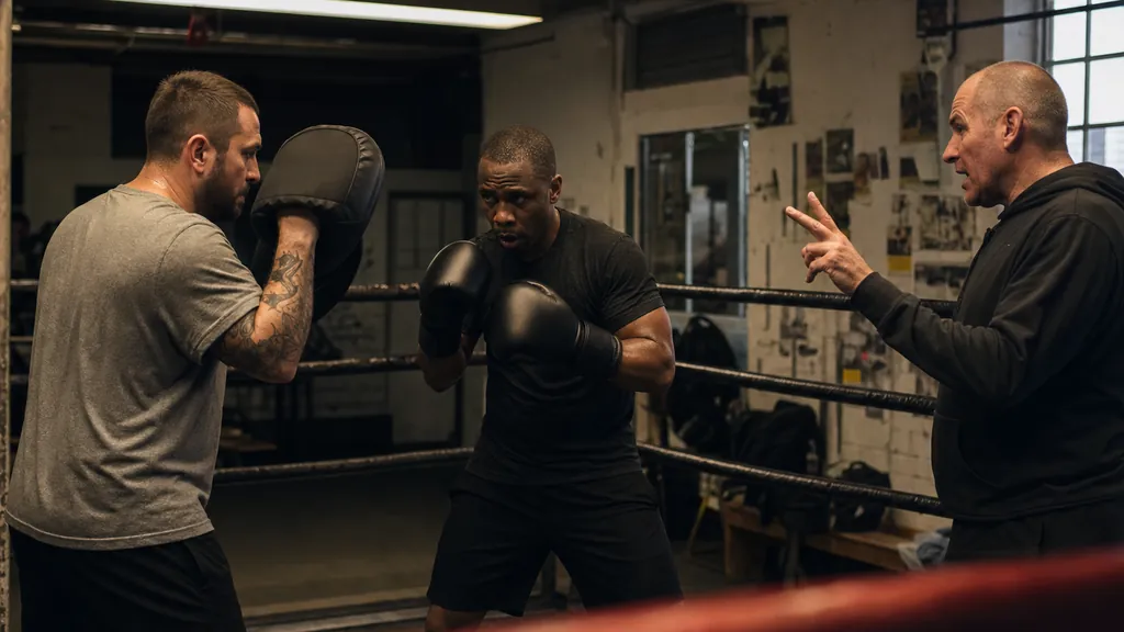 Boxer staying in guard while a coach watches a wall-target reaction drill