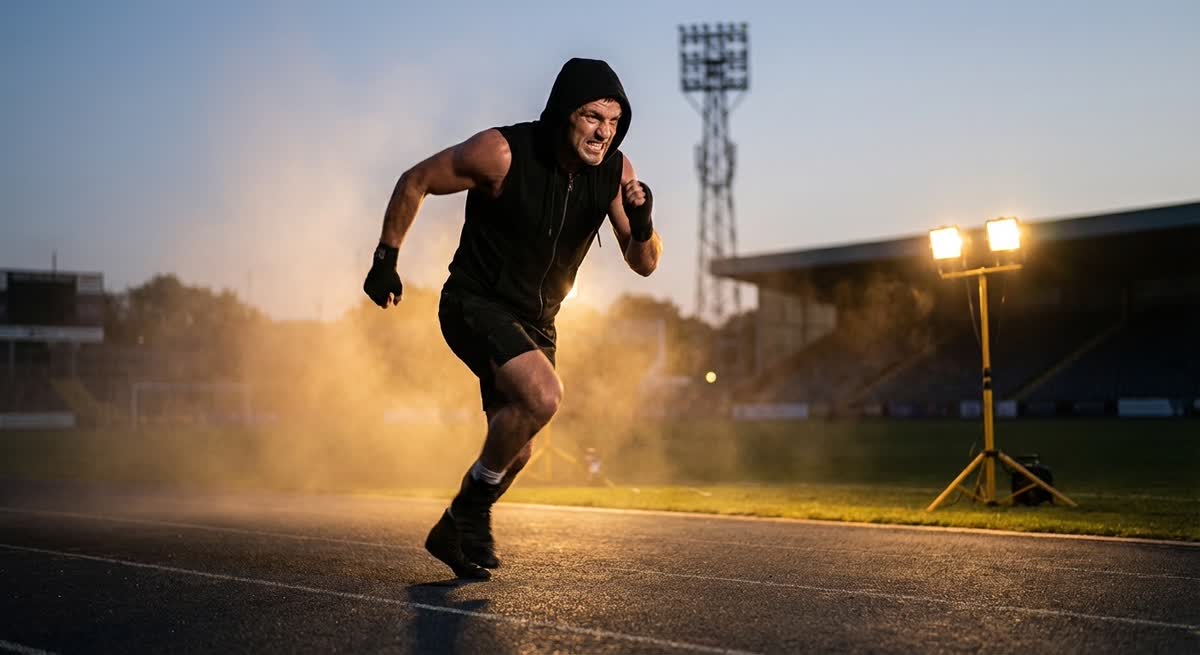 A boxing gym at dawn, heavy bags hanging in dim light, boxing gloves on a bench beside running shoes