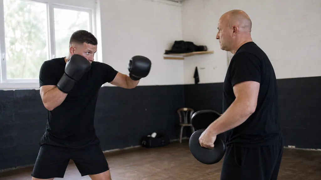 Adult boxer using a light lead-hand touch while a coach watches their balanced stance in a bright community boxing gym