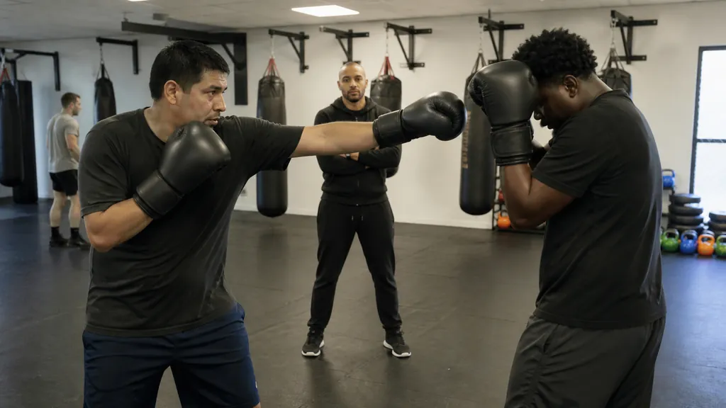 Two adult boxers practising a light jab and guarded reset during a slow supervised partner drill