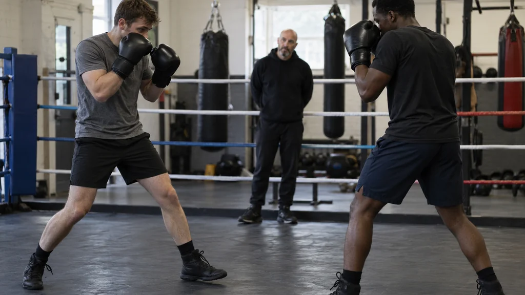 Adult boxer in plain black training gear rehearsing a balanced technical stance reset on a matted gym floor