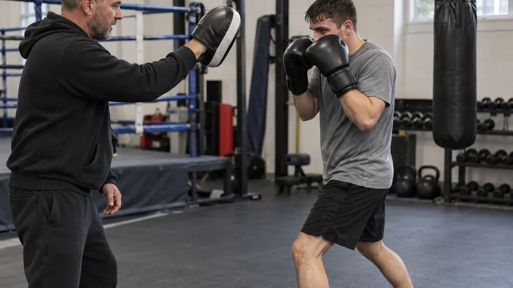 Two adult recreational boxers holding compact guards at safe distance during a controlled non-contact technical drill