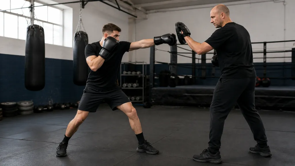 Coach watching an adult boxer use a small side step and jab during controlled partner pad work
