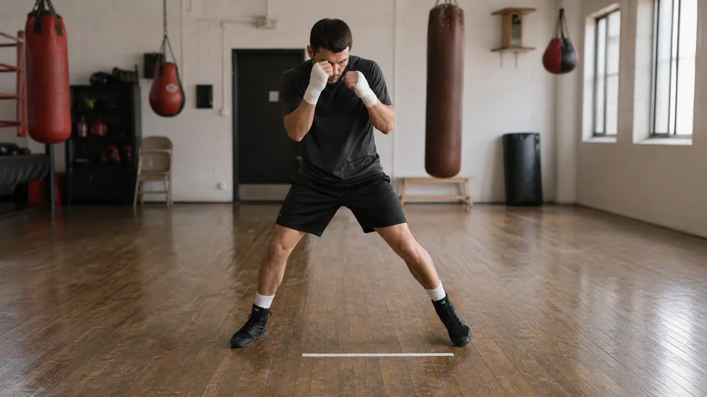 Adult recreational boxer shadow boxing beside a tape line, keeping the feet apart while stepping and jabbing