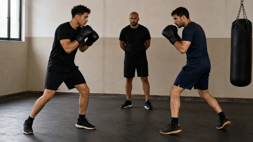 Two adult boxers using controlled lateral movement during a supervised non-contact footwork drill