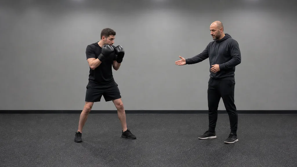 Coach checking an adult recreational boxer's balanced stance after a short lateral footwork movement in a community boxing gym