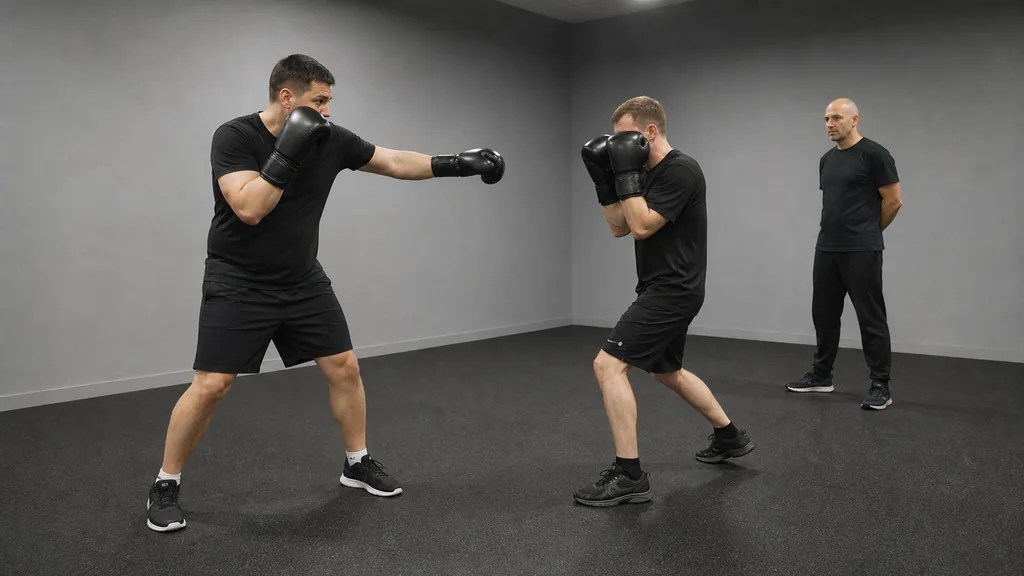 Two adult boxers using light lead-hand touches and compact lateral exits during a supervised technical partner drill
