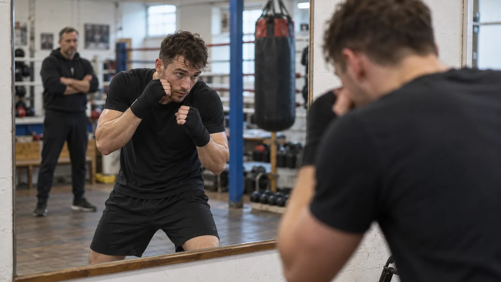 Adult boxer holding a calm guarded stance during a no-contact coaching cue in a community gym