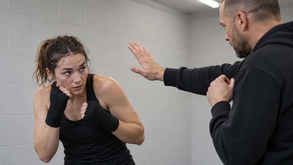 Adult boxer practising a quiet shadow-boxing slip with eyes level and hands in guard