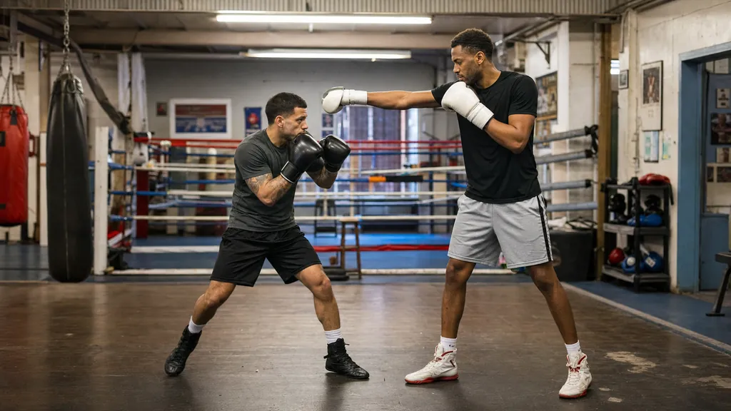 Shorter boxer staying low while a taller partner extends the jab in a controlled gym drill