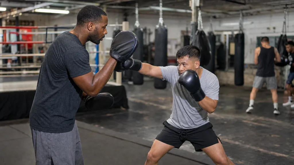 Shorter boxer stepping outside the taller partner's lead foot while keeping both gloves high