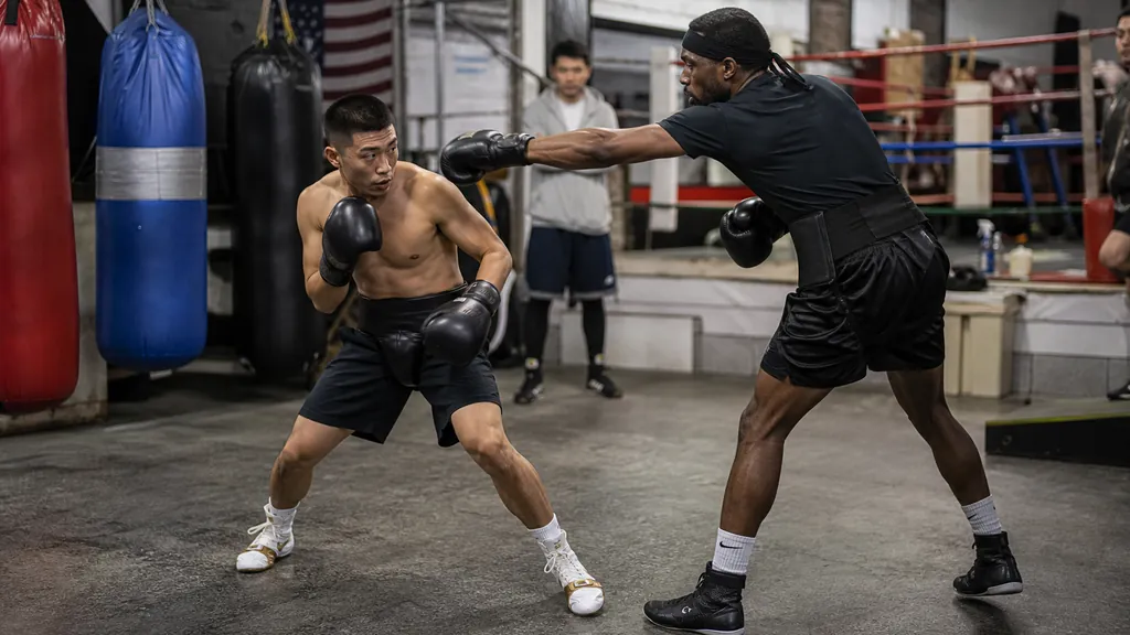 Coach using pads to teach a shorter boxer to enter behind the jab without lunging