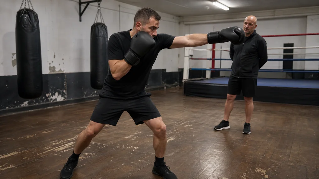 Adult recreational boxer working a slow single-jab technical round while a coach watches guard recovery in a bright community boxing gym