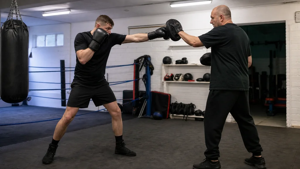 Coach holding a single focus mitt while an adult boxer practises a jab-and-step technical round with a calm balanced stance