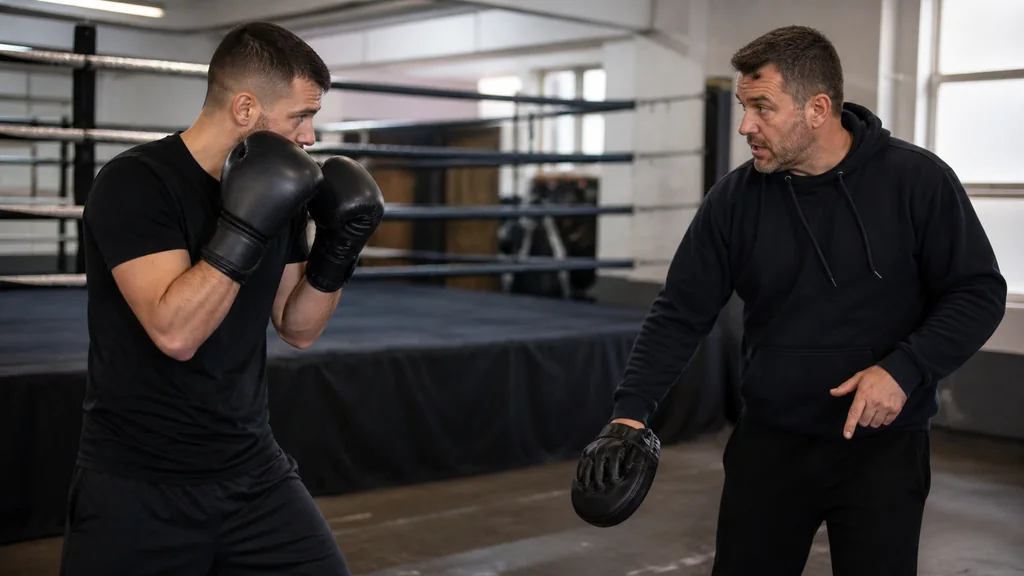 Adult boxer resetting to guard after a short jab-cross while a coach signals a small exit step in an anonymous community gym