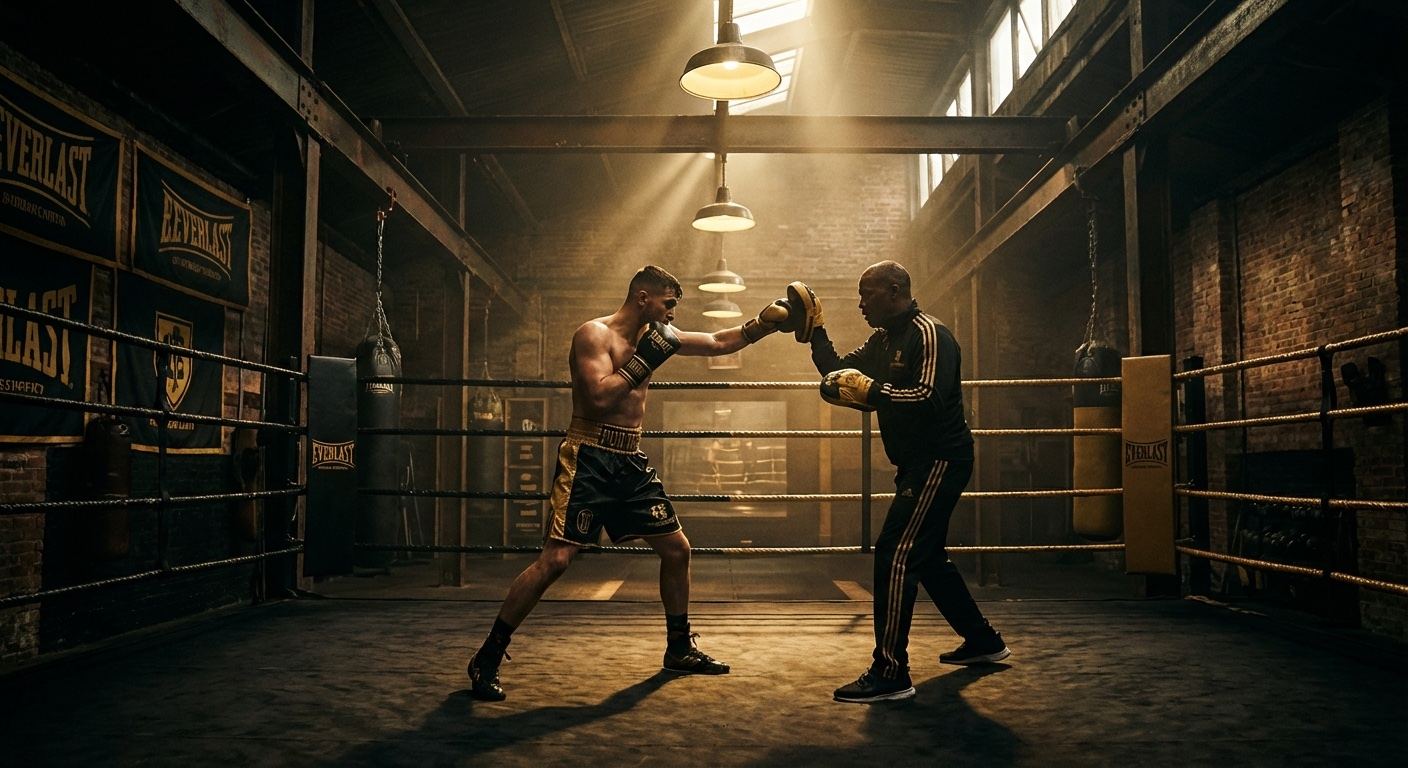 A boxer working on technique with pads in a dark boxing gym, gold lighting
