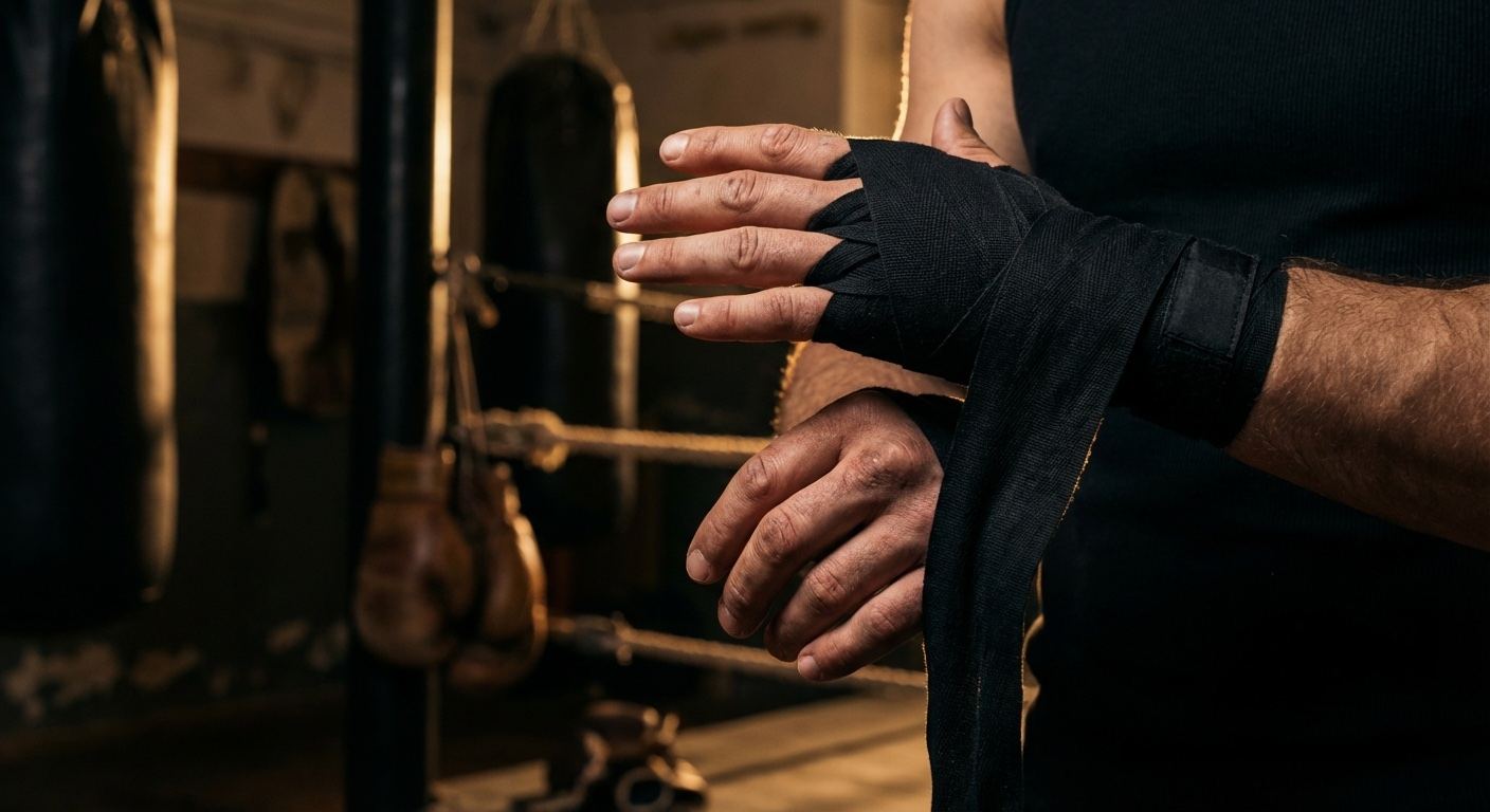 Close-up of a boxer's hands being wrapped before training, dark background with gold rim lighting, boxing gym atmosphere