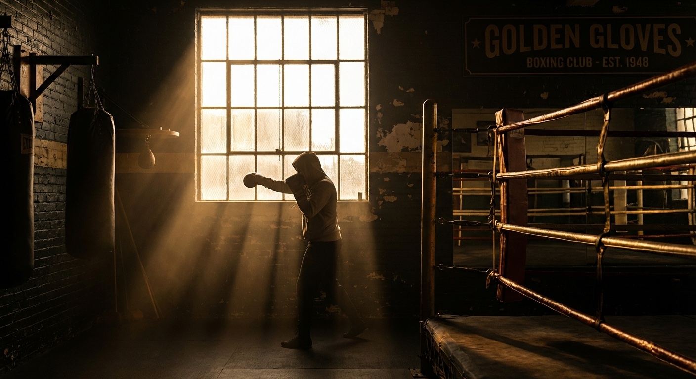 A boxer shadowboxing at dawn in a dark gym, early morning light coming through a window, gold and dark atmosphere
