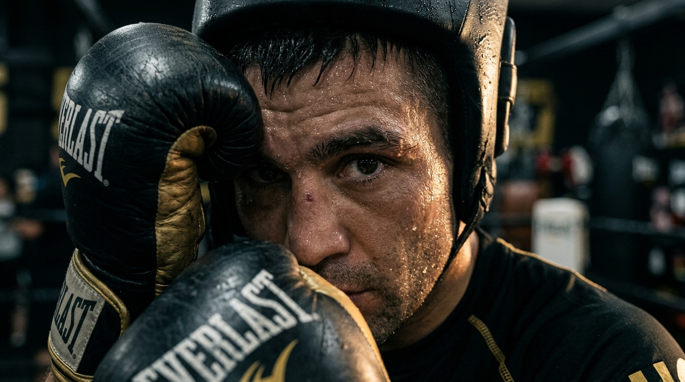 Boxer with intense focused gaze, dramatic gold side lighting