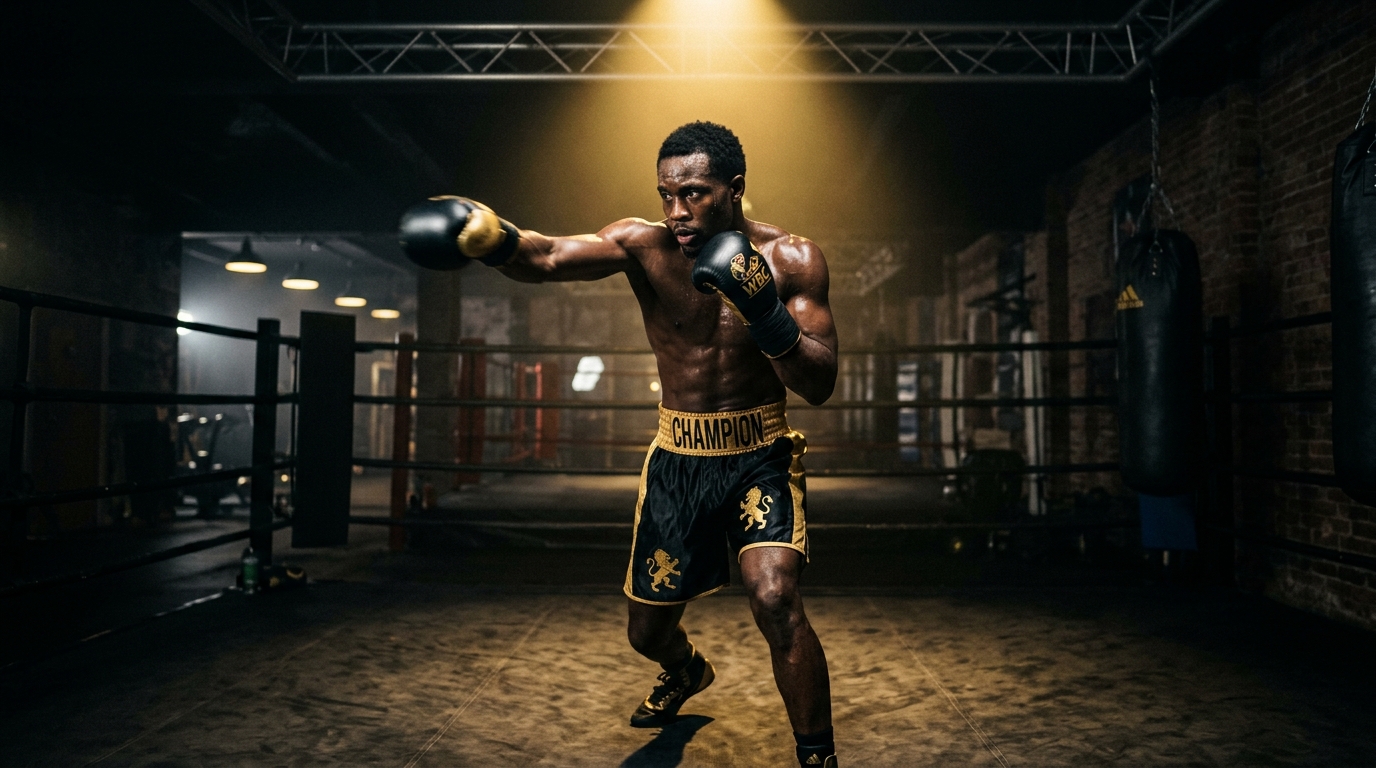 Boxer shadow boxing in dark gym with gold spotlights