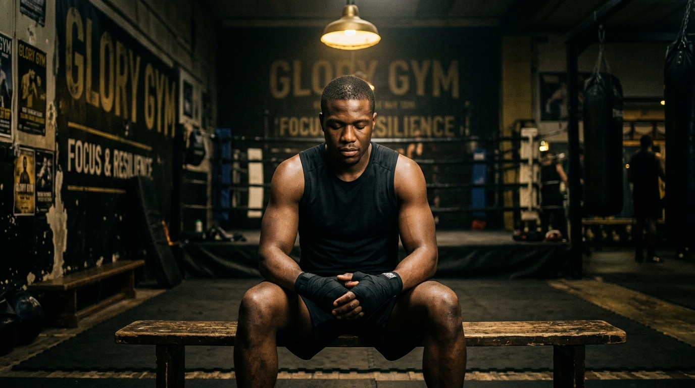 Boxer sitting on gym bench in pre-training meditation, hands wrapped, eyes closed