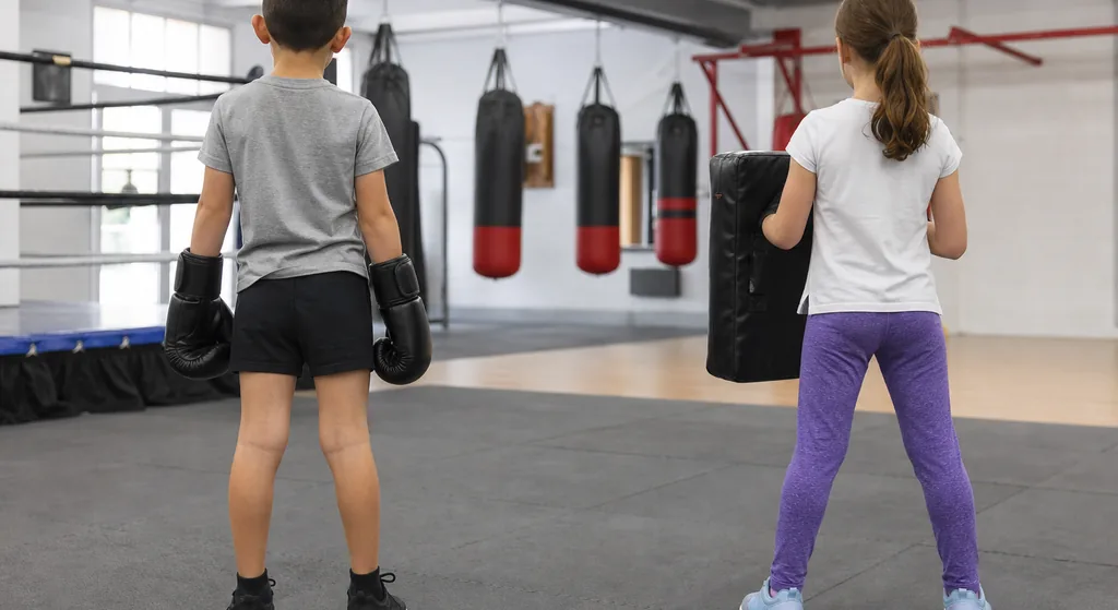 Children seen from behind comparing boxing gloves and martial arts training