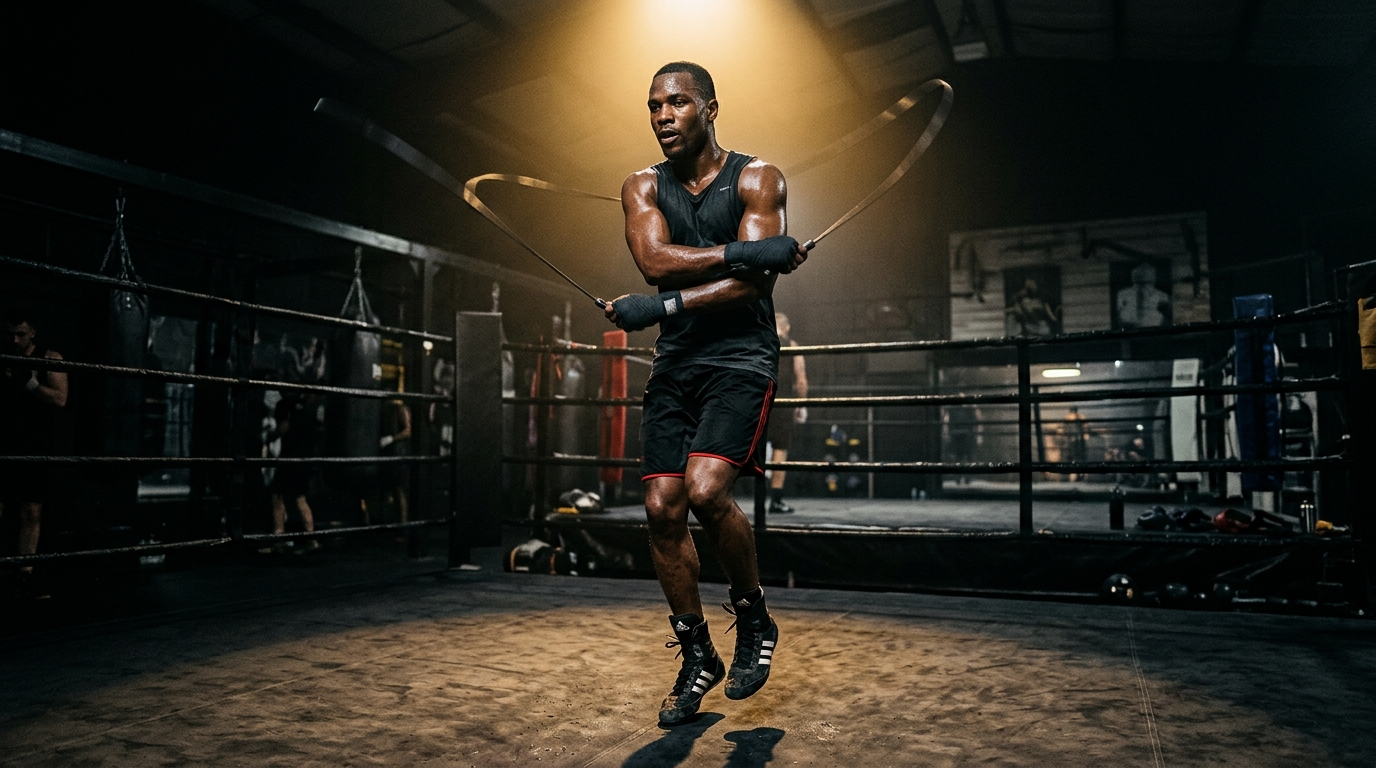 Boxer skipping rope as part of a warm-up routine in a boxing gym with dramatic lighting