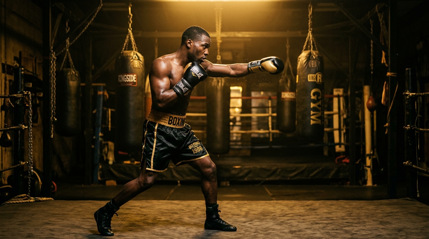 Boxer throwing shadow boxing combinations in a dark gym with golden lighting, side profile