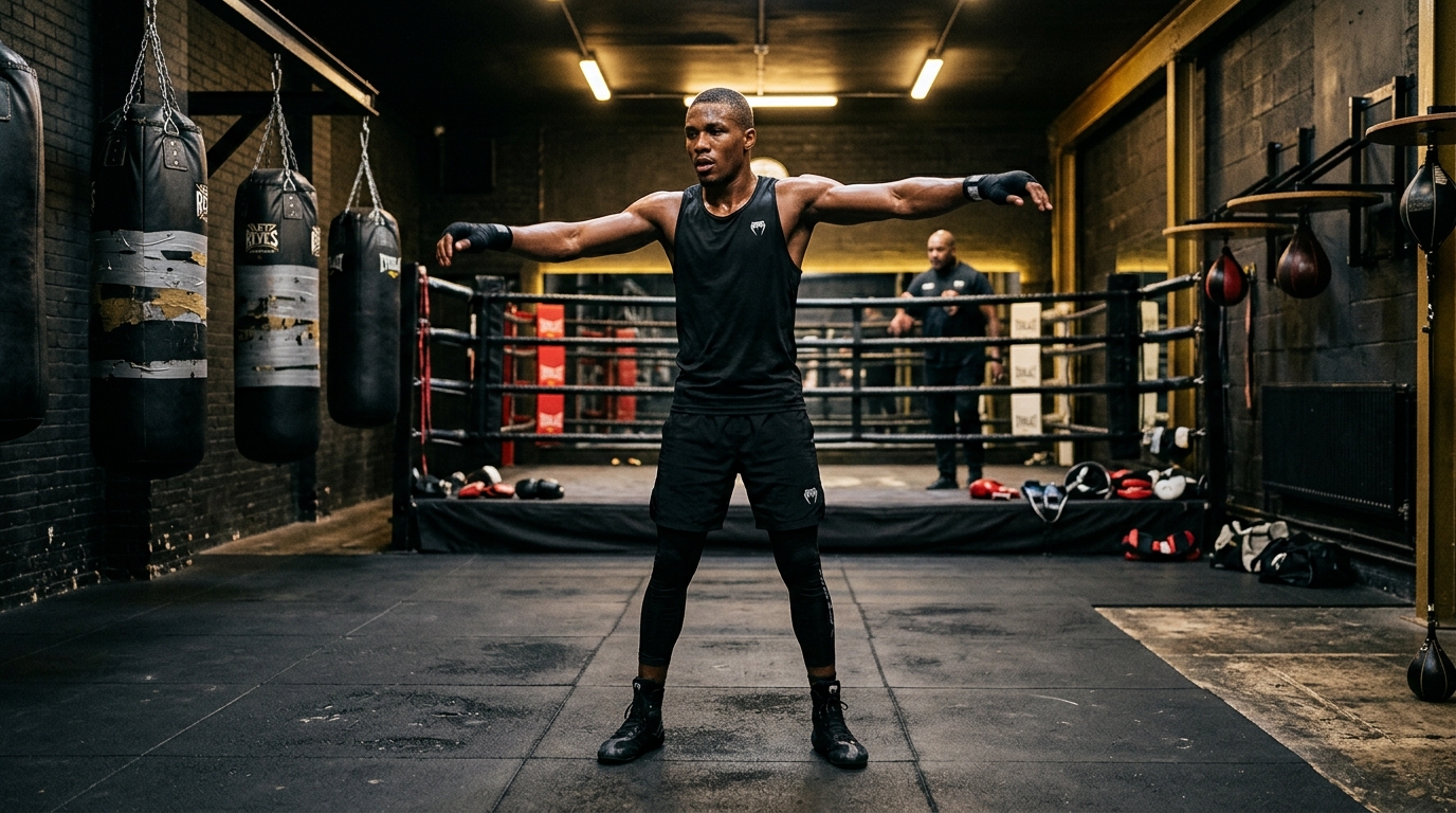 Boxer performing dynamic shoulder mobility drills in a gym setting, black and gold background
