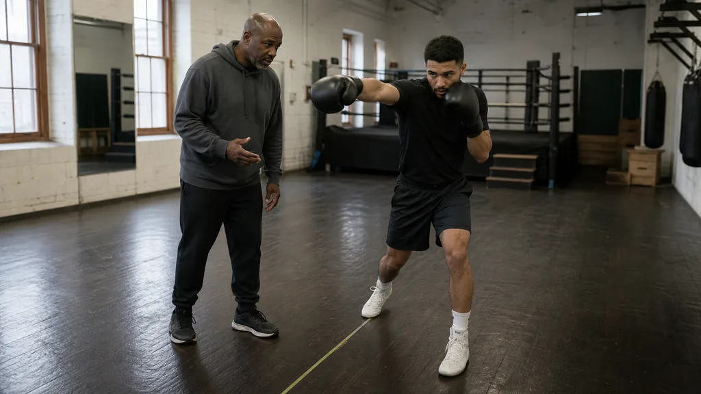 Coach checking an adult boxer's balance and guard during a slow straight-punch shadow-boxing drill