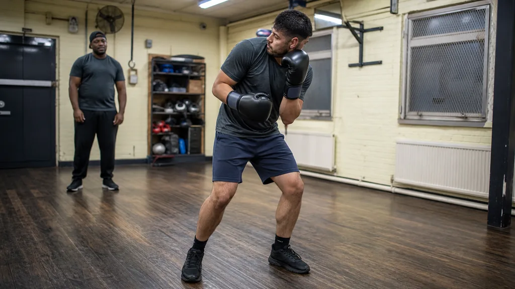 Adult boxer using a compact defensive movement in a supervised technical shadow-boxing drill