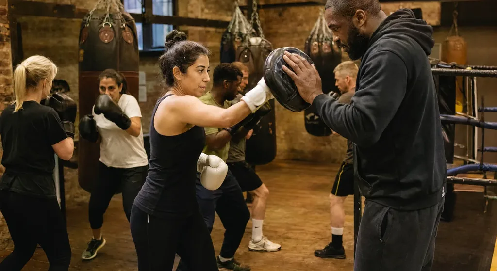 Adults working through pad drills in the Honour and Glory boxing ring