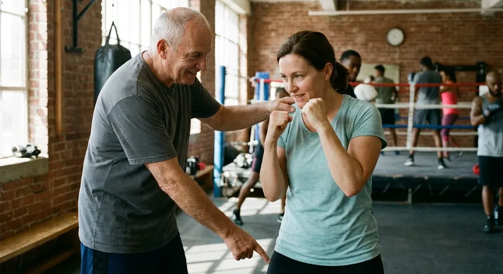Coach-led beginner stance work inside a boxing gym
