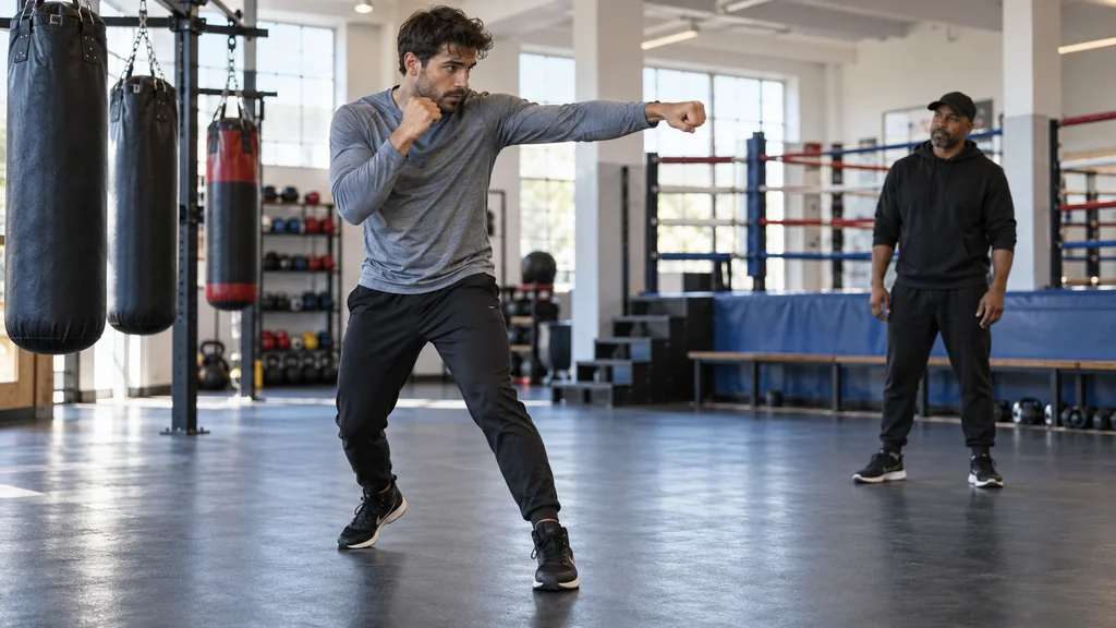 Adult recreational boxer doing light non-contact shadow boxing in a breathable long-sleeve top while a coach watches from a distance
