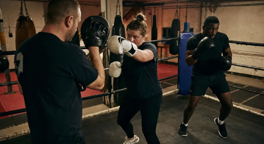 Adult boxer working through controlled bag drills during an indoor training session