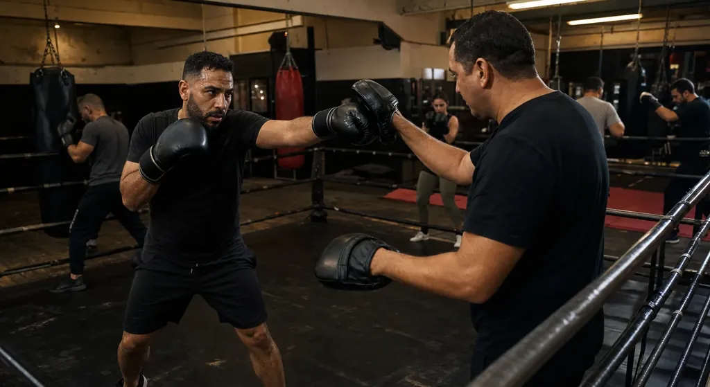 Boxing class movement drill in an indoor gym with clear space between stations