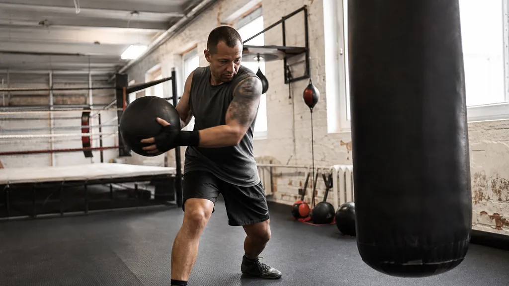 Beginner boxer using rotational medicine ball and bag drills for trunk strength