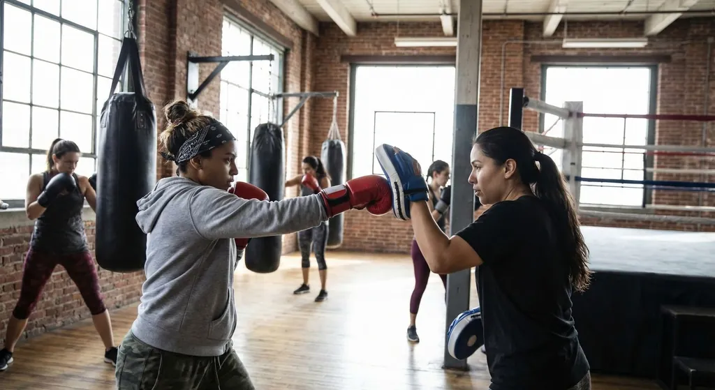 Boxers doing pad drills in a supervised club session