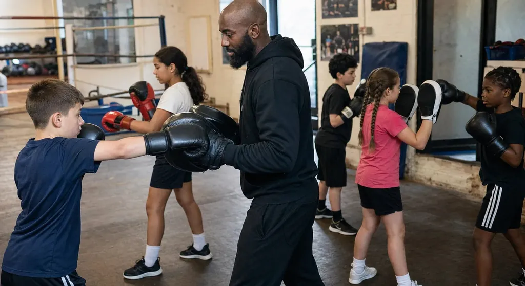 Junior and adult boxers working through a coached pad session in the ring