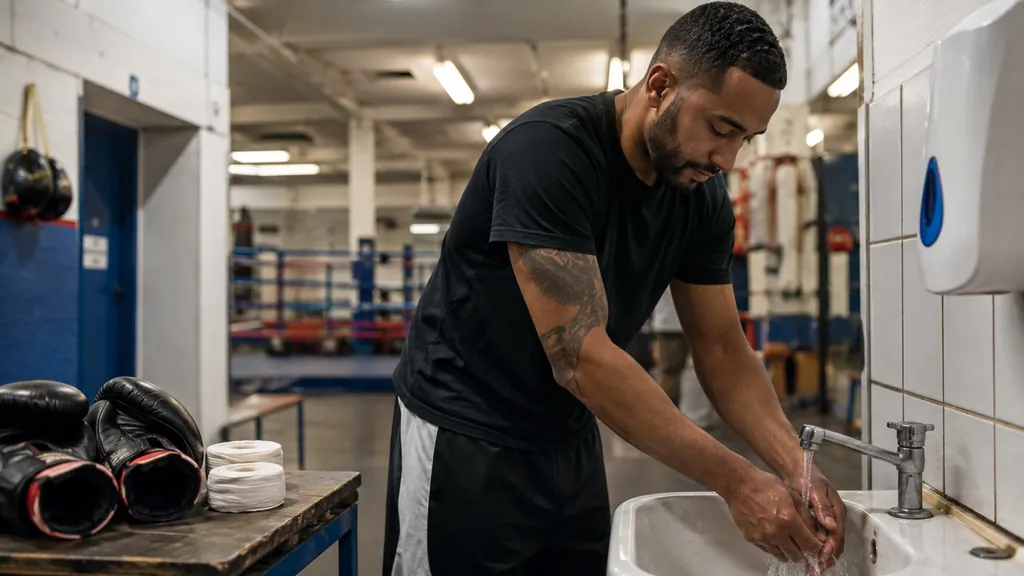 Adult boxer with a trimmed beard washing his hands beside clean wraps and open gloves after training