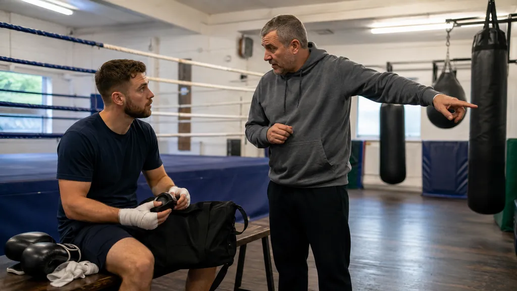 Bearded adult beginner listening to a coach beside gloves, clean hand wraps and a mouthguard case before non-contact training