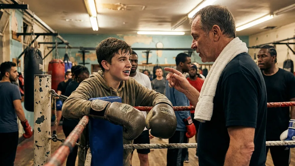 Teen boxer with fixed braces speaking to a coach before junior boxing class at Honour and Glory