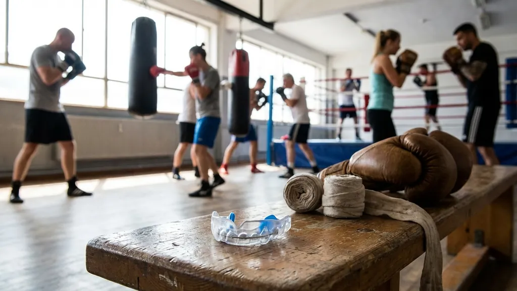Boxing mouthguard designed for braces resting beside gloves and hand wraps in a clean gym setting