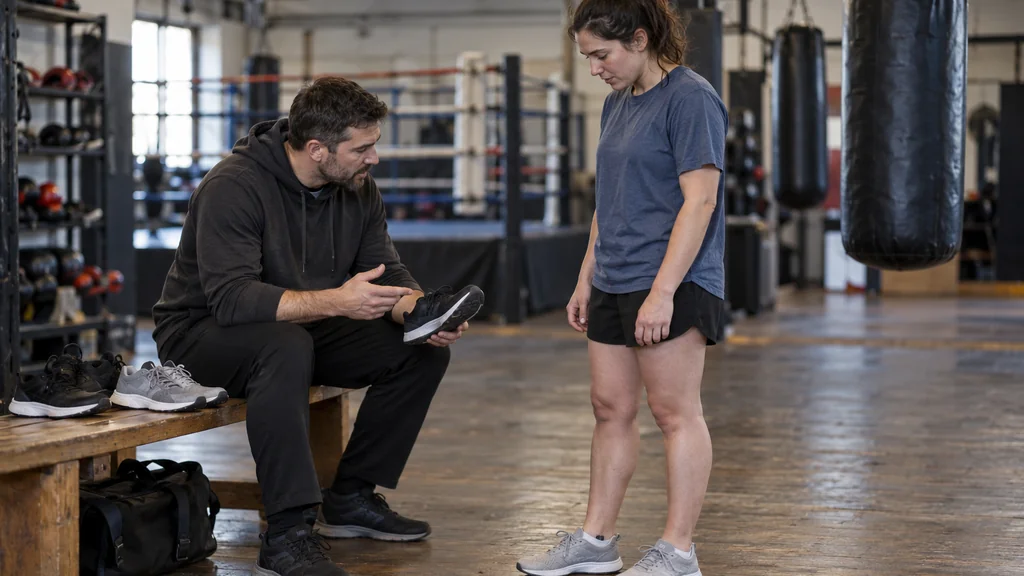 Adult beginner preparing neutral trainers before a non-contact boxing class