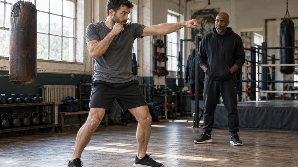 Coach discussing comfortable training shoes with an adult beginner before boxing practice