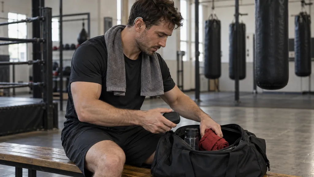 Adult boxer with a hearing aid packing its case, wraps and water bottle into a gym bag after non-contact training